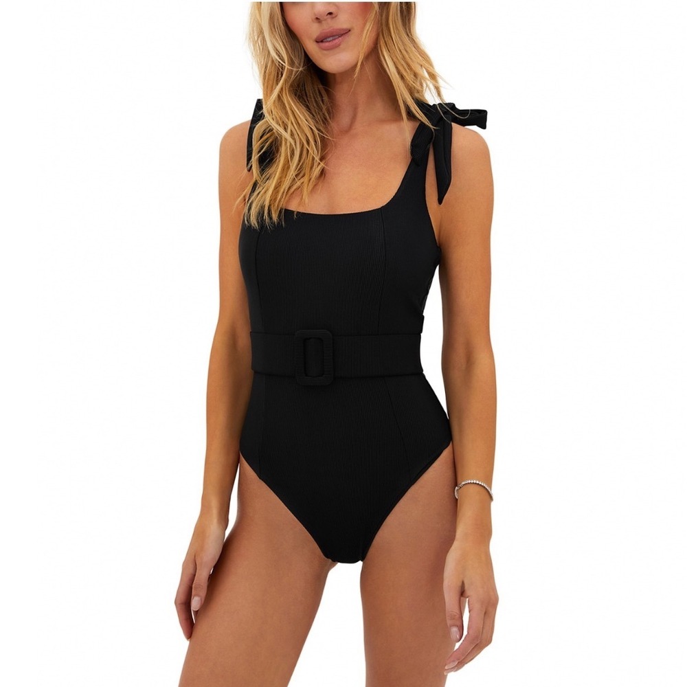 Beach Riot Sydney Belted One Piece Swimsuit Black Ribbed Square Neck XL NEW